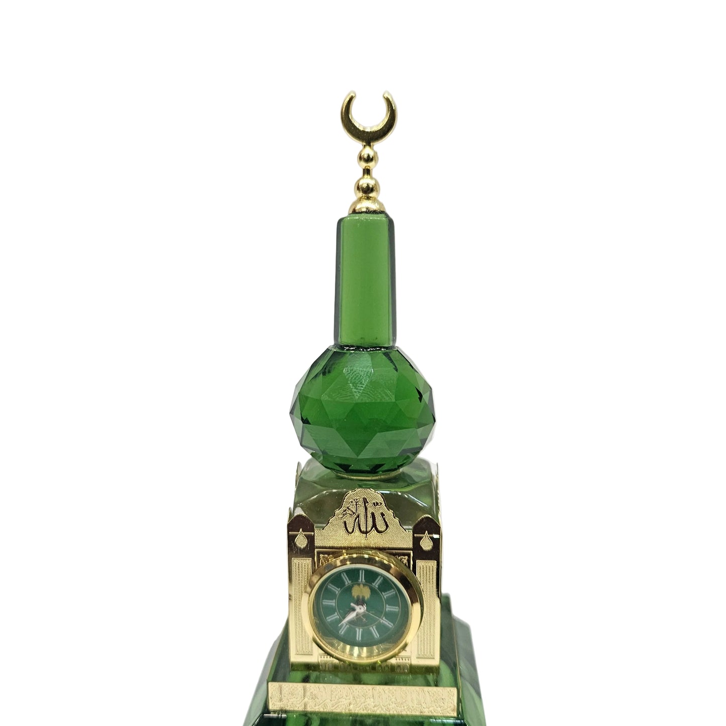 Islamic Crystal Showpiece with mini Clock & Crescent Moon Elegant Decorative Ornament Glass Moon Design Home Decor Gift for Living Room Office Prayer Space Tabletop