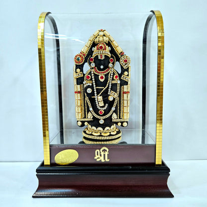 24 carats gold Plated Balaji Idol Statue Decorated with attractive stones designed in a transparent protective cabin