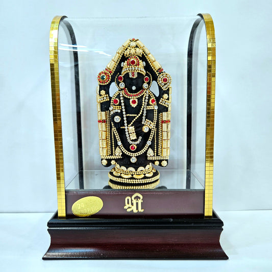 24 carats gold Plated Balaji Idol Statue Decorated with attractive stones designed in a transparent protective cabin