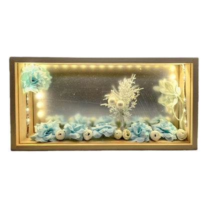 Handmade DIY light-up shadow box display frame designed for preserving dried or artificial flowers