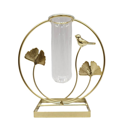 Glass iron Art Metal Frame Terrarium for Desktop Decoration Round with bird modern vase