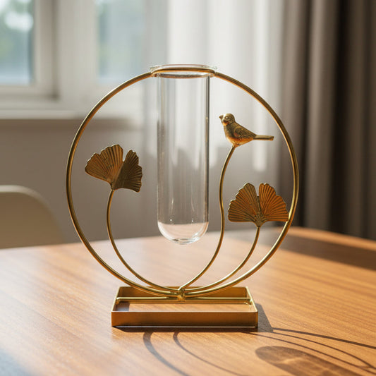 Decorative glass vase with gold metal frame on a wooden surface