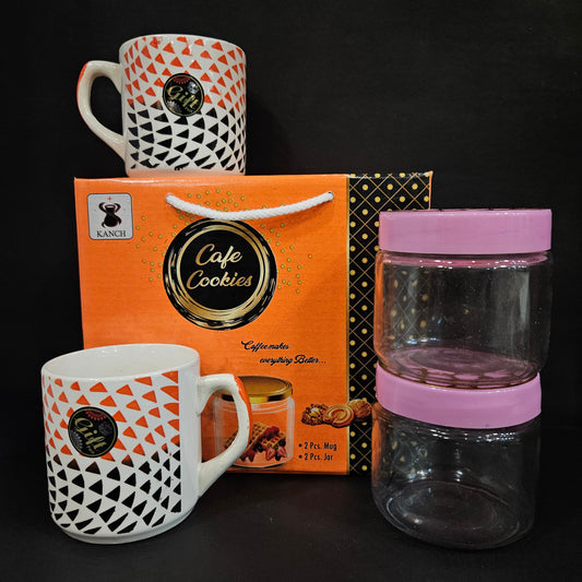 Cafe cookies 2 Ceramic mugs & 2 glass storage jar for multi purpose usage