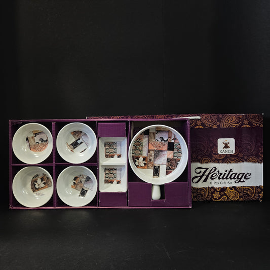 Kanch heritage 6 pieces gift set having 4 pieces cup sets,1 Sauce dip try with portions & pan Shaped one serving tray