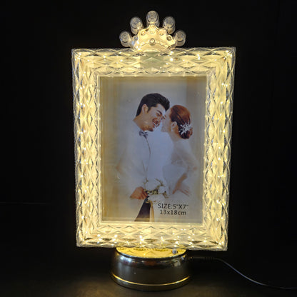White Rectangular Shaped Crystal designed Photo Frame with Button Operated for gifting purpose/couple gifting