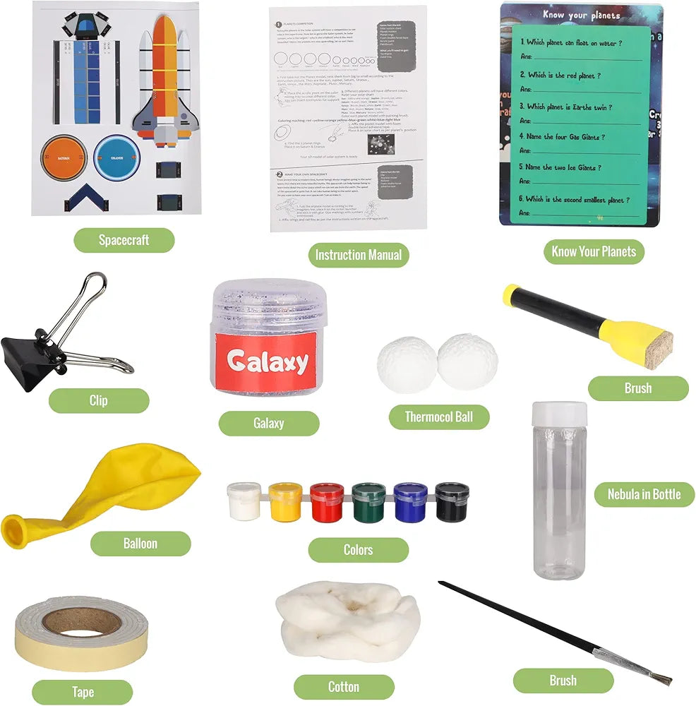 Space Adventure DIY Fun interactive universe kit for Kids. Make 3D Solar System, Spacecraft, Nebula in a Bottle. Science Project.