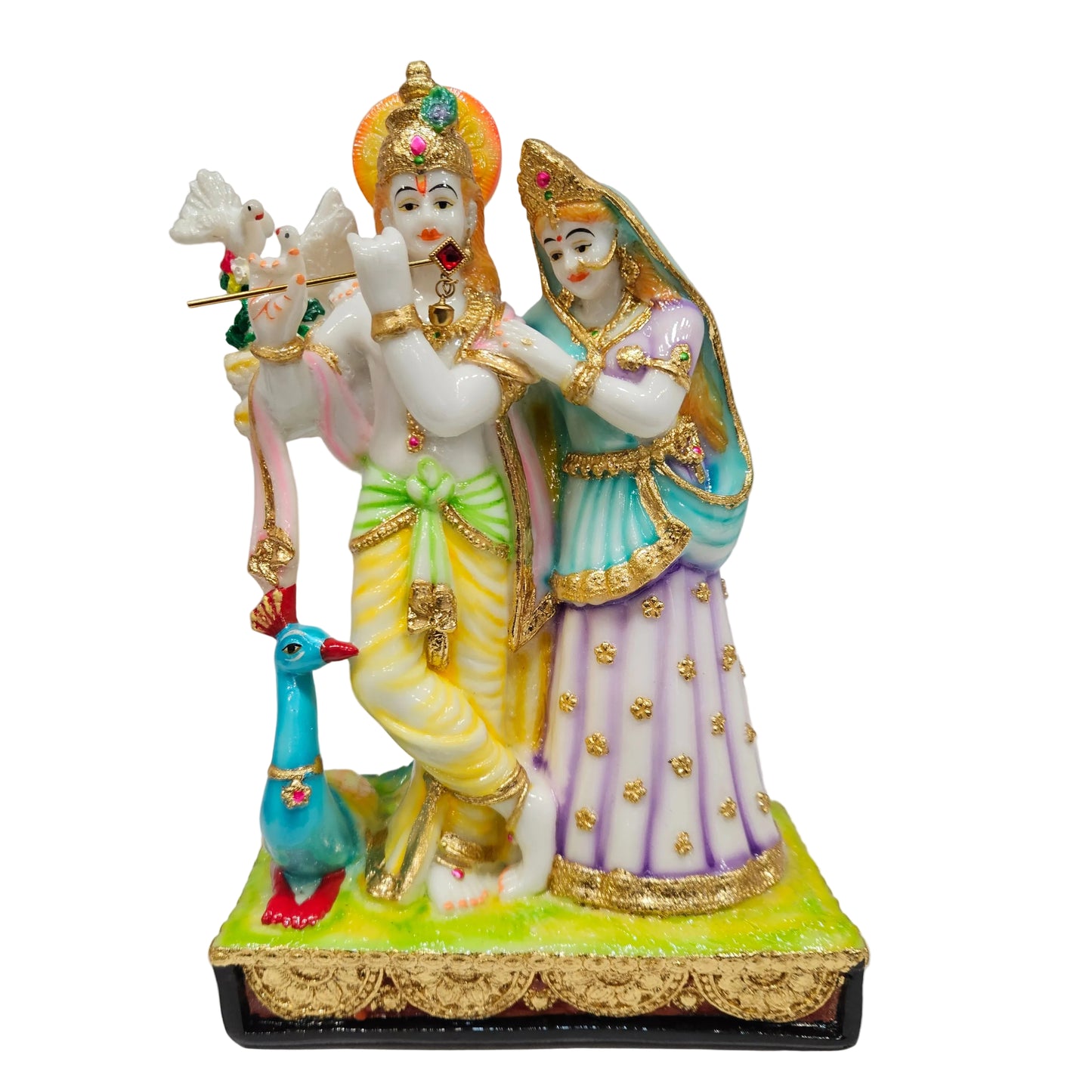 Gold Plated Radha Krishna Murti Cultured Marble with Peacock, Radha Krishna Statue for Home Decor