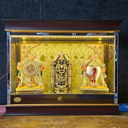 24carats gold Plated Shank Chakra Balaji statue Decorated with attractive stones design transparent protective cabin