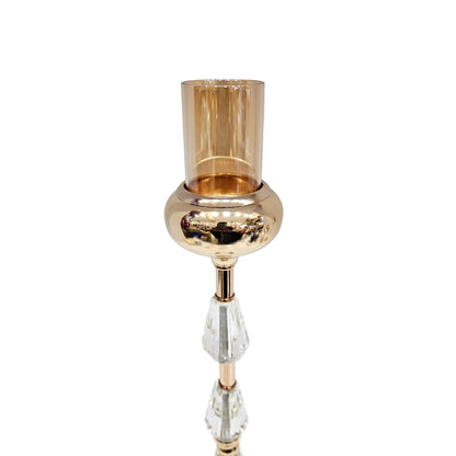 Metal candle holders a polished gold finish and crystal acrylic accents, perfect for wedding decor or table centerpieces