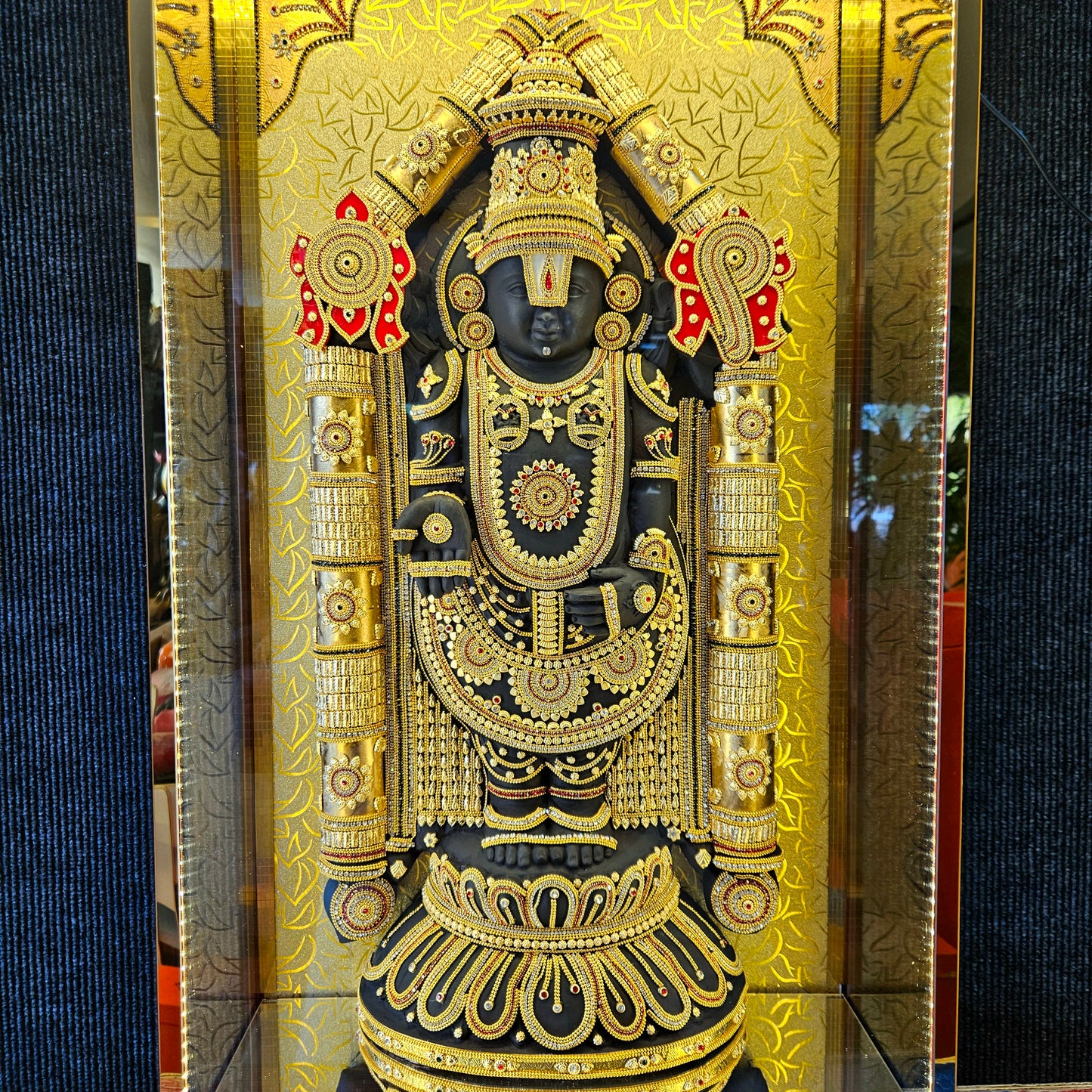 24 carat gold Plated big size Lord Balaji with decorative stones design idol Statue in a transparent protective cabin