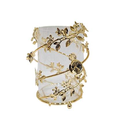Luxury metal and glass decorative vase and candle holder featuring an intricate golden leaf and floral branch pattern
