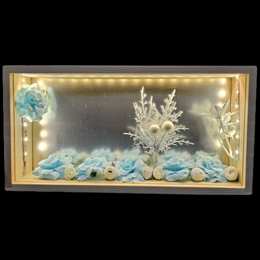 Decorative wooden panel with artificial flowers and LED electric lamp