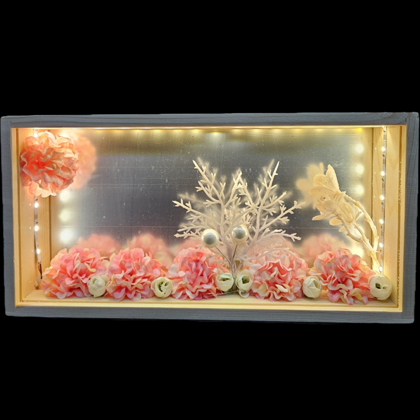 Decorative wooden panel with artificial flowers and LED electric lamp