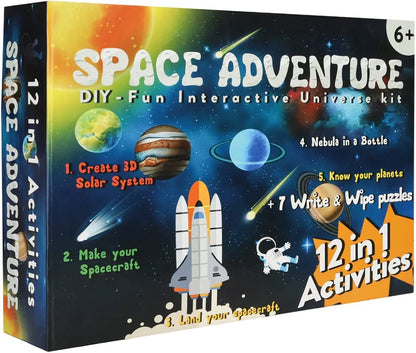 Space Adventure DIY Fun interactive universe kit for Kids. Make 3D Solar System, Spacecraft, Nebula in a Bottle. Science Project.