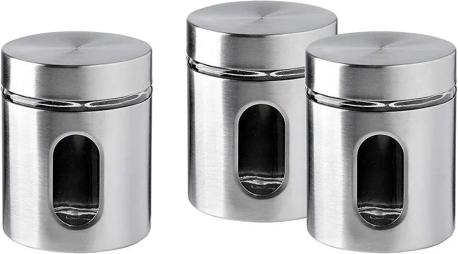Brushed Stainless Steel and Glass Canister with Window Set of 3 piece Storage Containers
