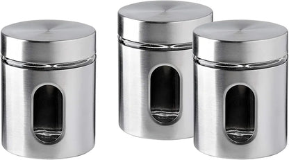 Brushed Stainless Steel and Glass Canister with Window Set of 3 piece Storage Containers