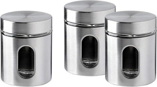 Brushed Stainless Steel and Glass Canister with Window Set of 3 piece Storage Containers