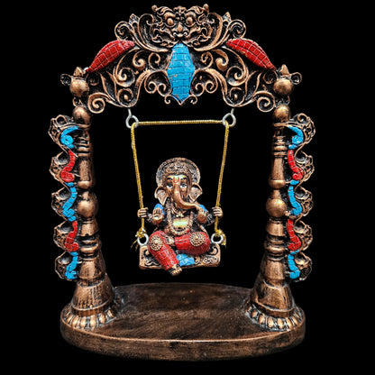 Lord Ganesha on Swing Decorative Idol | Antique Finish Ganpati Statue for Home Temple, Office | Resin Ganesh Ji Murti for Pooja, Gift & Festival Dcor
