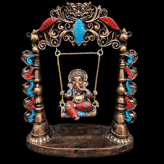 Lord Ganesha on Swing Decorative Idol | Antique Finish Ganpati Statue for Home Temple, Office | Resin Ganesh Ji Murti for Pooja, Gift & Festival Dcor