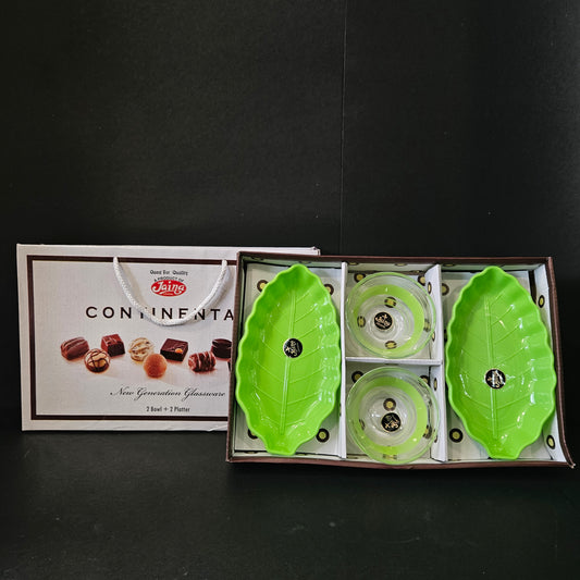 Jaina continental new generation glassware 2 bowls & 2 leaf platter set perfect for Return gifting purpose