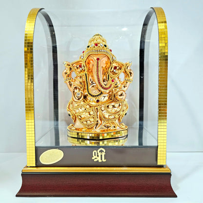 Imported 24carat Gold Plated Cabin Idol with stones Decorated of Ganesha with Full Decorate for Puja Room Or Home Decor