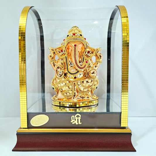 Imported 24carat Gold Plated Cabin Idol with stones Decorated of Ganesha with Full Decorate for Puja Room Or Home Decor