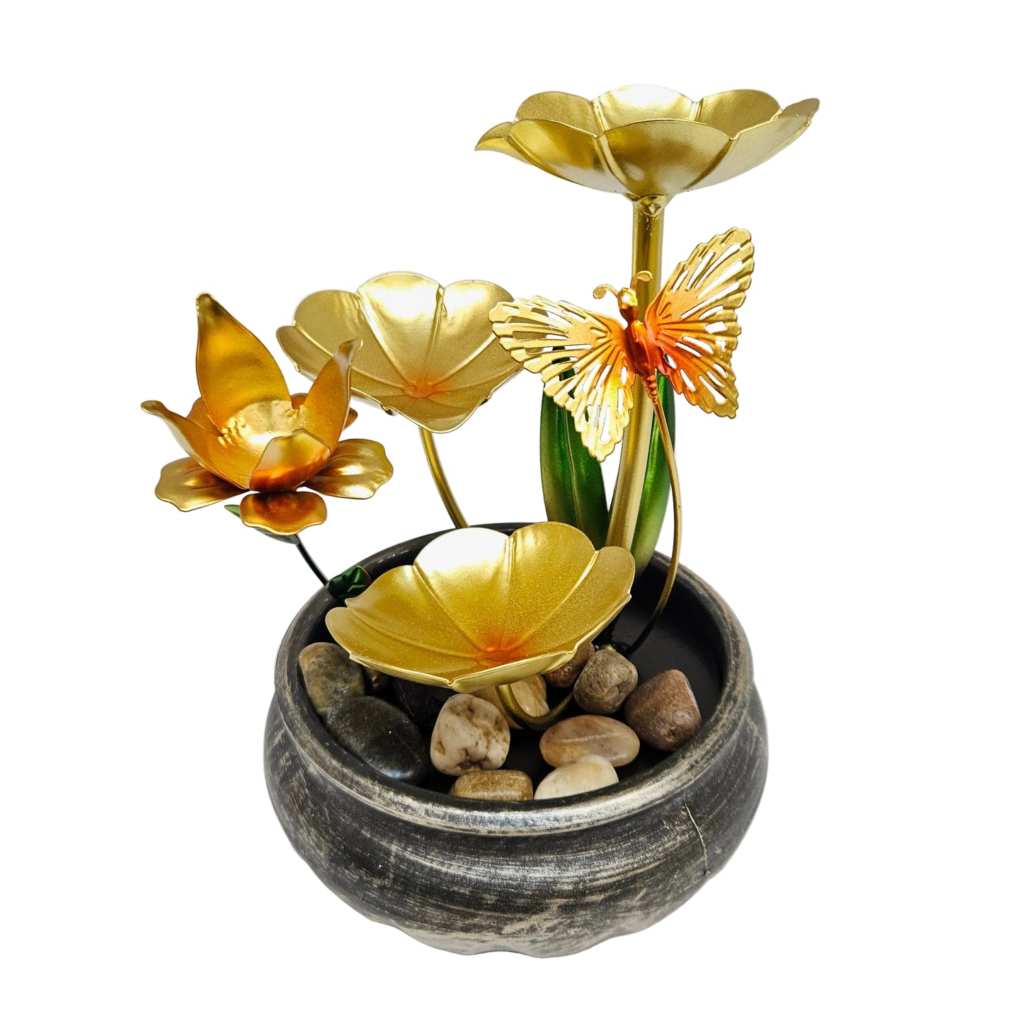 Tabletop Fountain with floral design &butterfly gold-finished metal design with a waterfall and decorative rocks