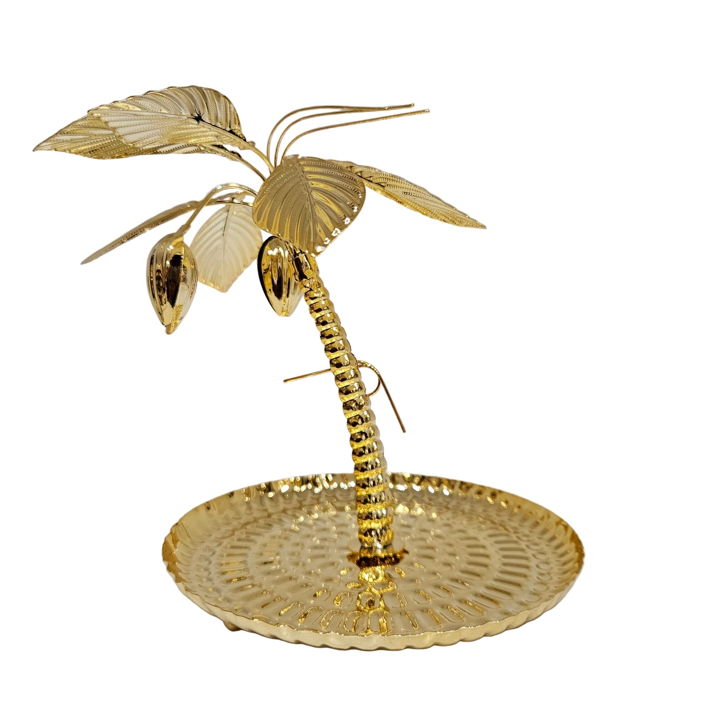 Golden metal coconut palm tree figurine with a textured base tray Showpiece Figurine