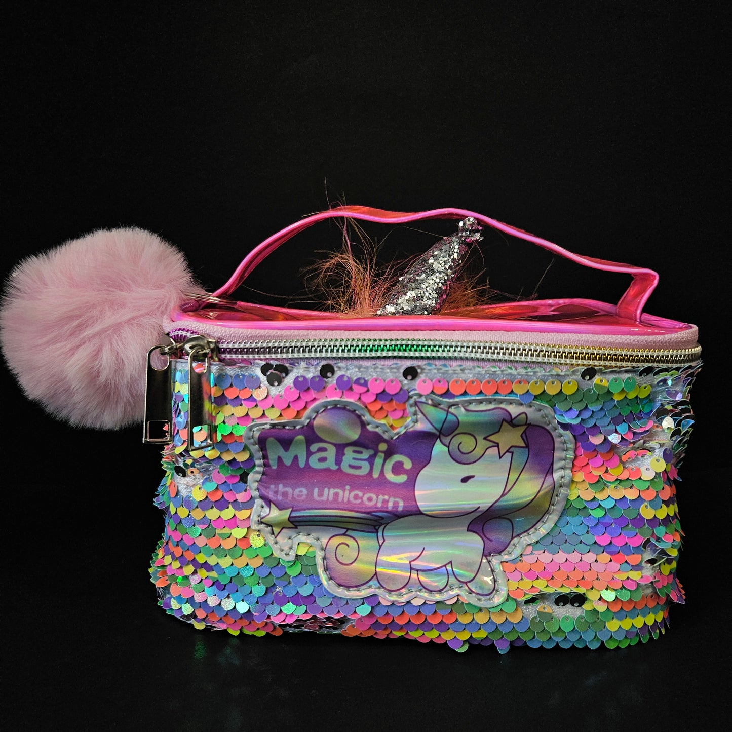 Unicorn Themed Makeup Pouch with Chenille Varsity Letter Patch, Skin Care Travel Bag Organizer for Girls, Make Up Skincare Cosmetic Zipper Stuff Bags for Women