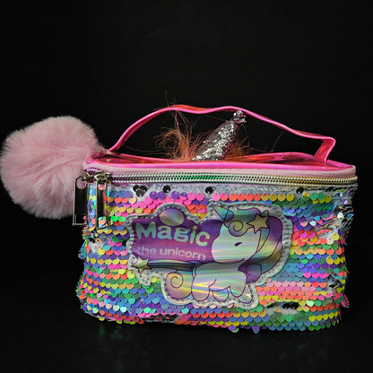 Unicorn Themed Makeup Pouch with Chenille Varsity Letter Patch, Skin Care Travel Bag Organizer for Girls, Make Up Skincare Cosmetic Zipper Stuff Bags for Women