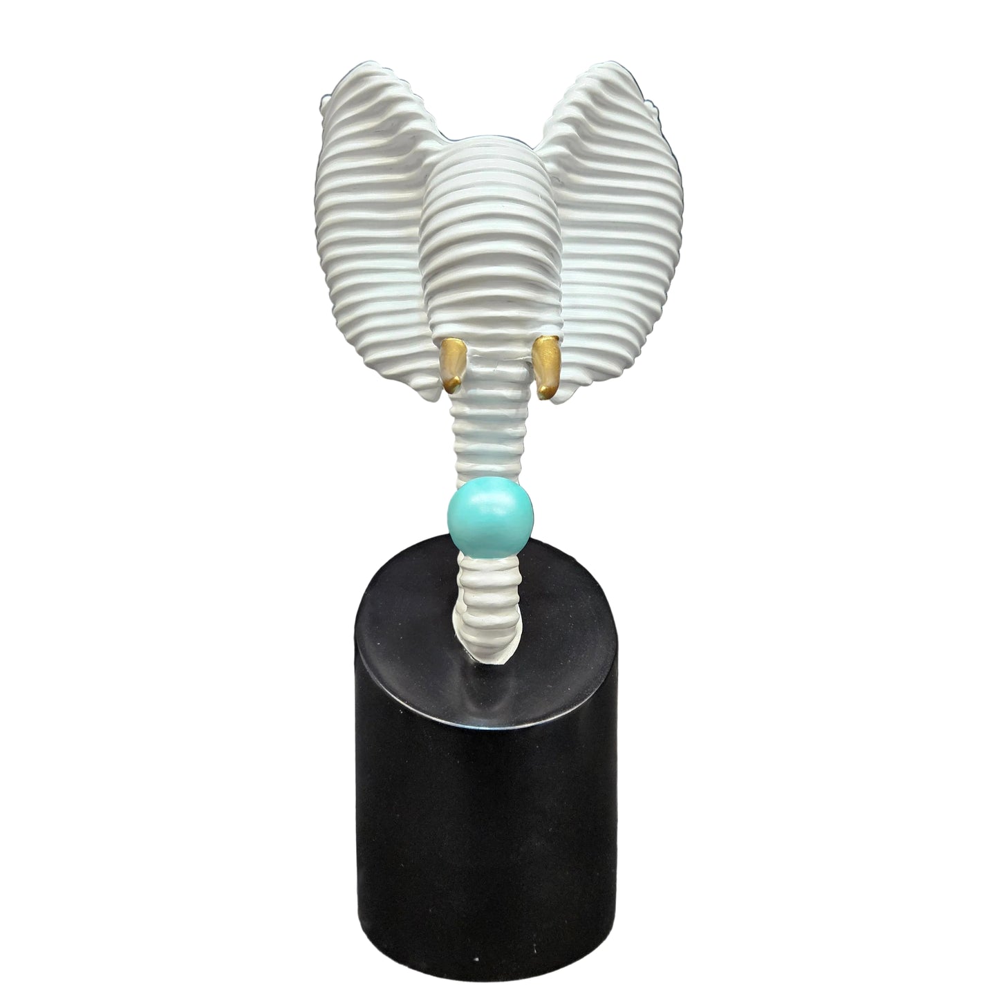 Decorative Elephant Sculpture, White Ribbed Design, Gold Accents, Black Base