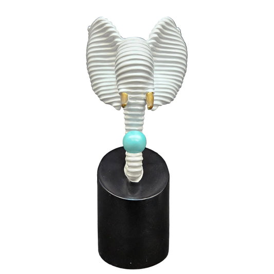 Decorative Elephant Sculpture, White Ribbed Design, Gold Accents, Black Base