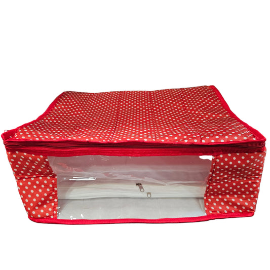Classy Red with White Doted Designer Transparent Zipper 12 Partition Saree storage bag