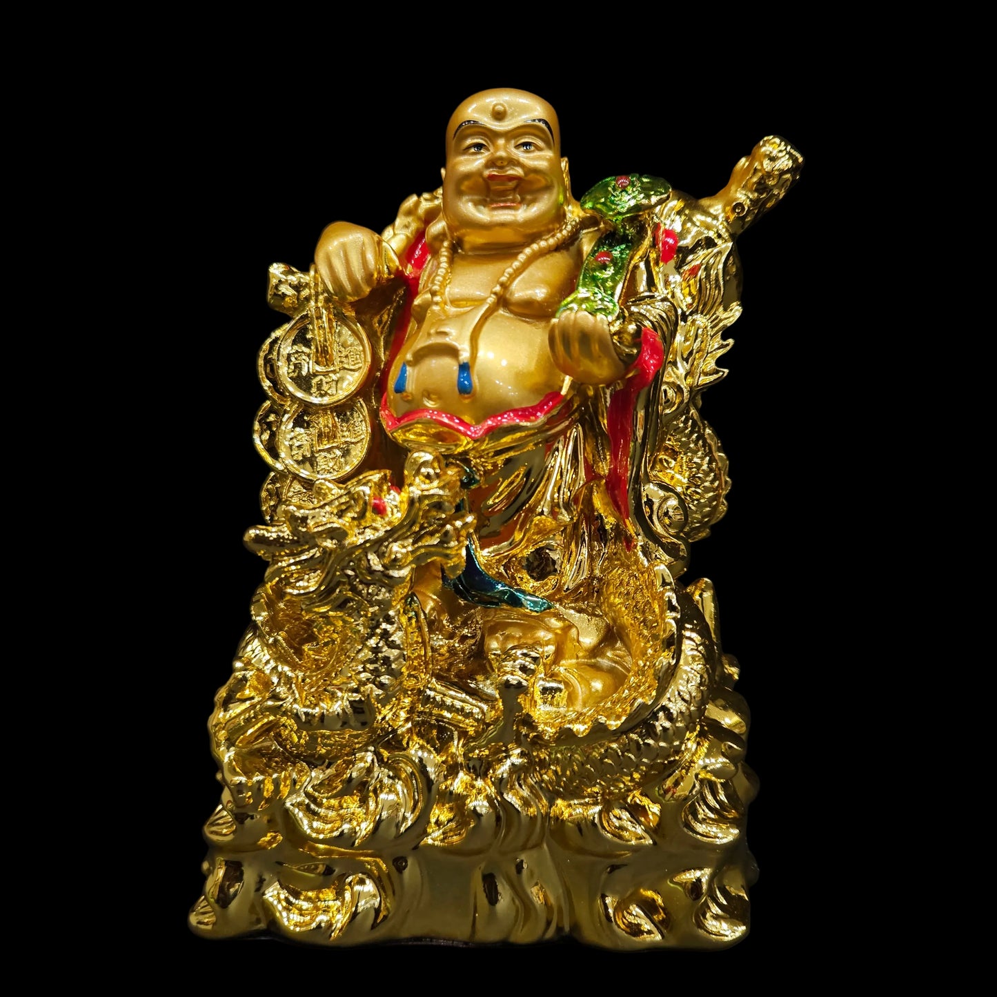 Fengshui Exclusive Polyresin Medium Size Happy Man with Dragon On Wooden Base for Office Decor, Home Decoration