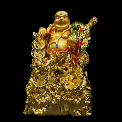 Fengshui Exclusive Polyresin Medium Size Happy Man with Dragon On Wooden Base for Office Decor, Home Decoration