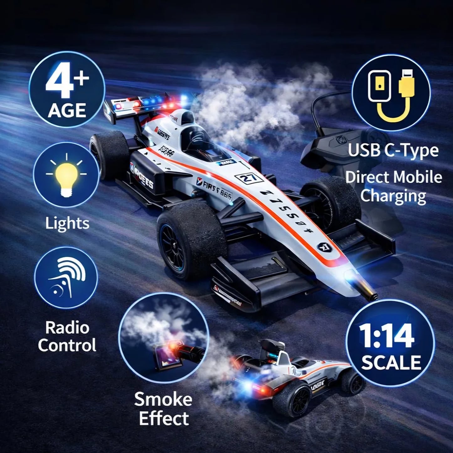 Supersonic Speed F1 Formula Racing Car, Remote Control, 1:14 Scale, Rechargeable USB-C, Real Smoke Effect, 4 LED Lights, 2.4GHz, Ages 4+