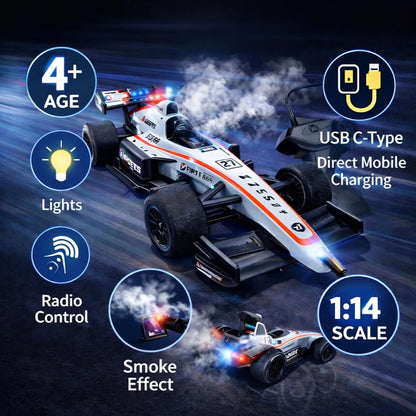 Supersonic Speed F1 Formula Racing Car, Remote Control, 1:14 Scale, Rechargeable USB-C, Real Smoke Effect, 4 LED Lights, 2.4GHz, Ages 4+