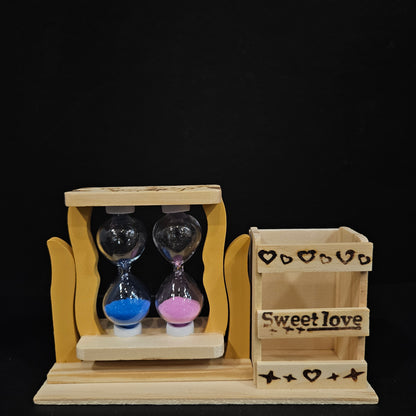 Handcrafted wooden penstand with sand Timers for Office/ table decor