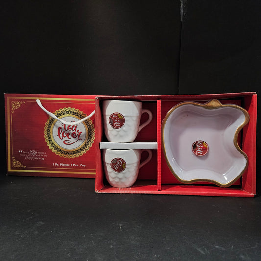 Bharat Decor Tea Lover Apple shaped platter & 2 Ceramic cups set for Return gifting