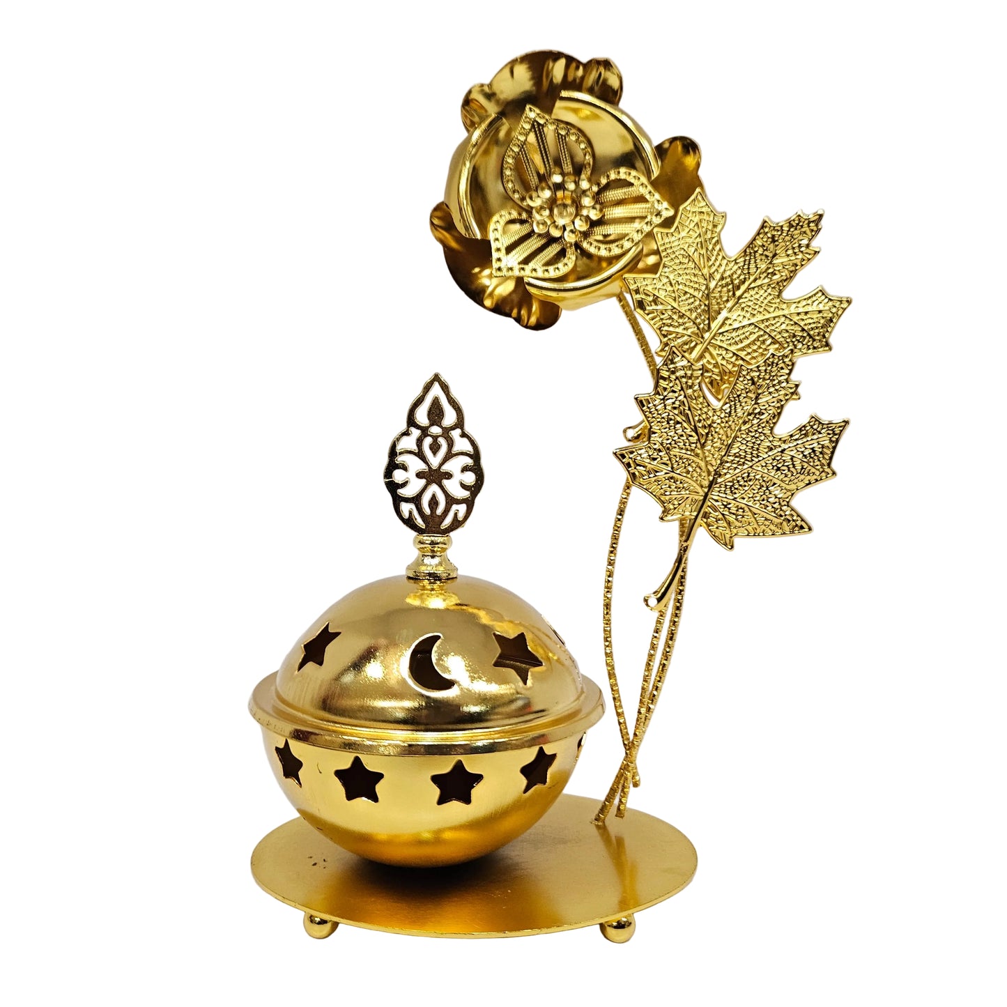 Decorative golden metal incense burner, likely used for burning loban or dhoop for pooja room/home & Office