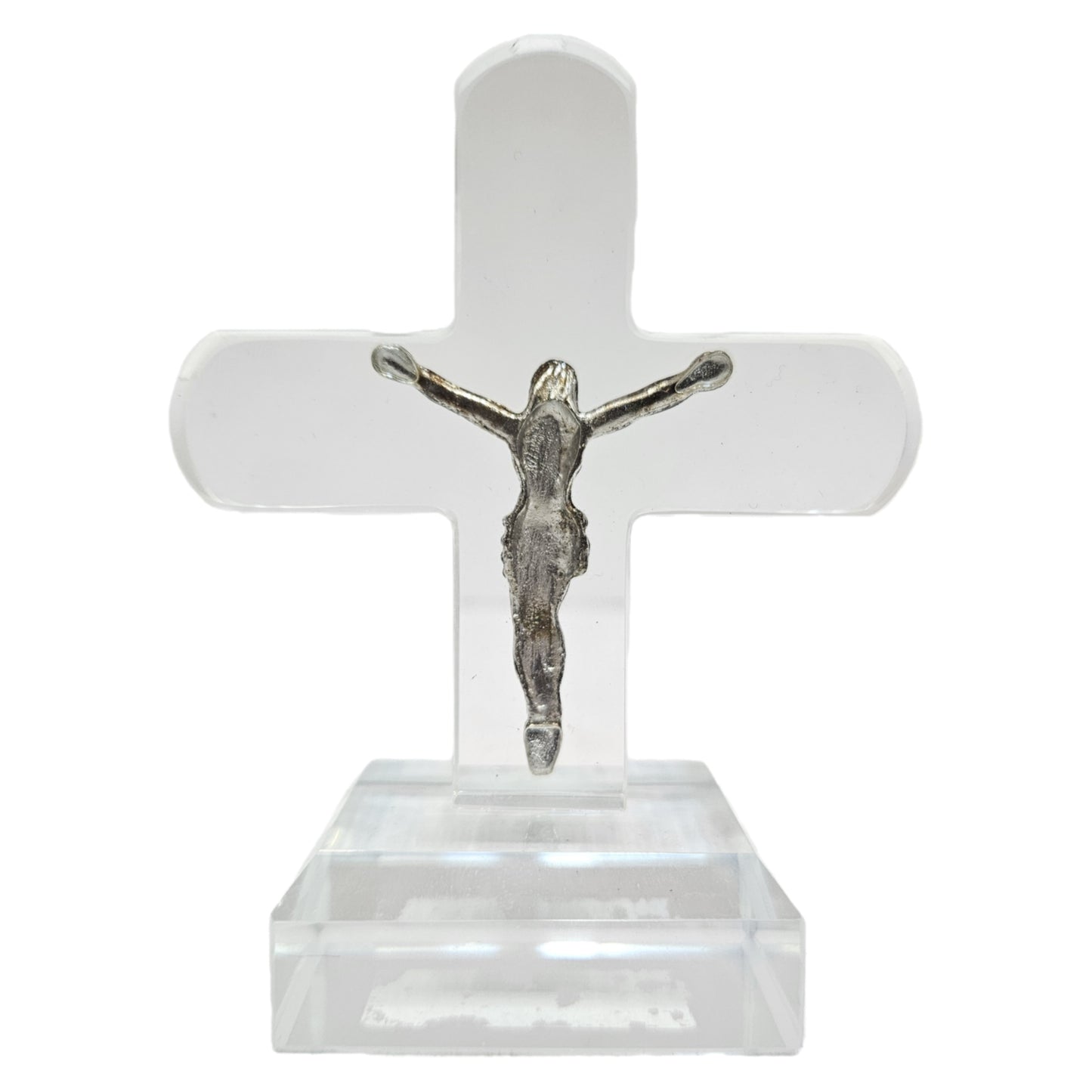 Clear crystal cross prominent metal crucifix figurine, often used for home/Office Dashboard & car decor
