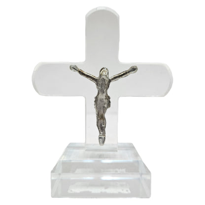 Clear crystal cross prominent metal crucifix figurine, often used for home/Office Dashboard & car decor