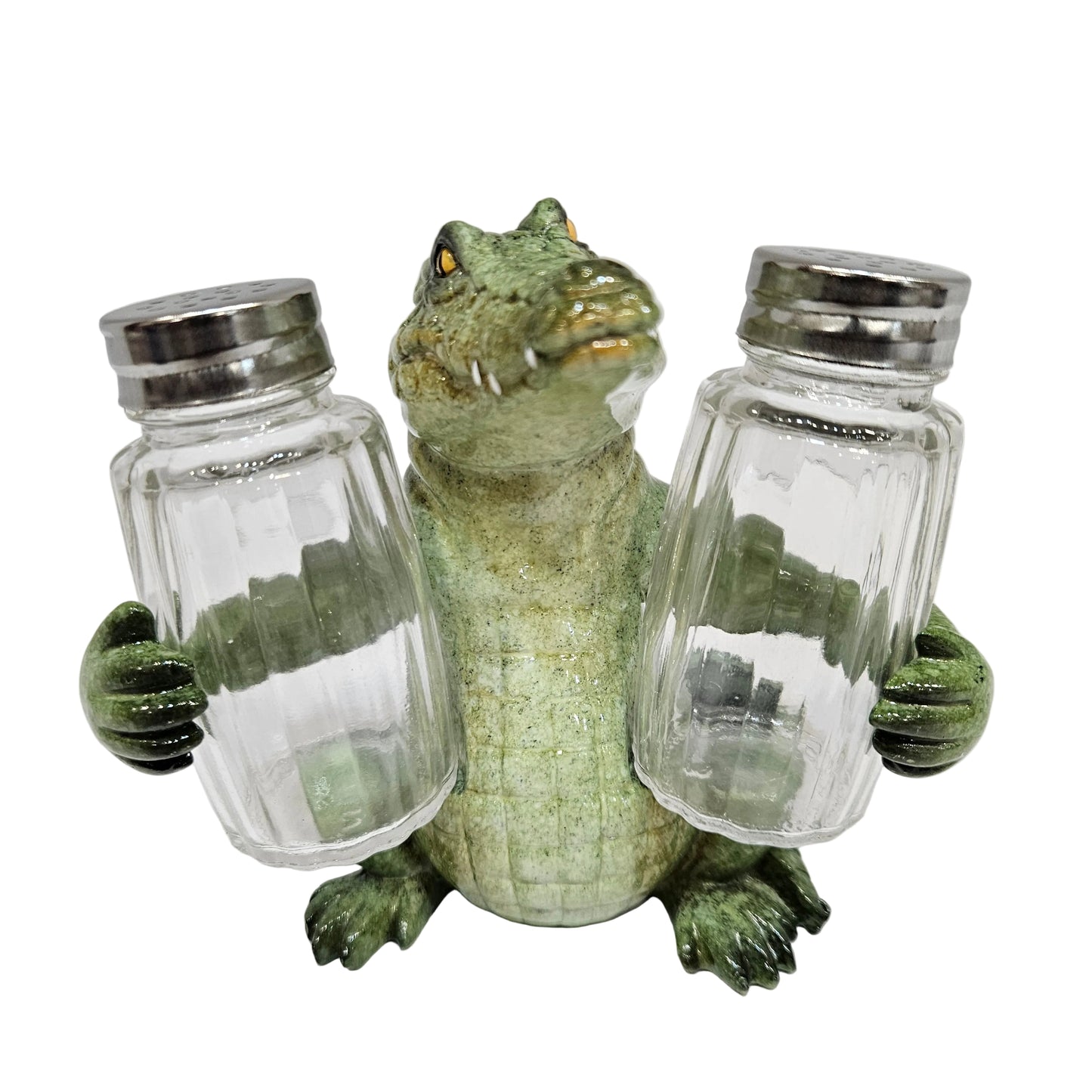 Decorative salt and pepper shaker set featuring a green alligator figurine for Dining table decor