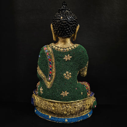 India Tibetan Buddhist Lord Buddha Decorated with Inlay Pearls Brass Statue with Inlay Work God idol