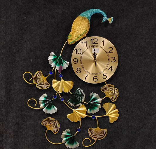 Decorative Golden & Green peacock wall Clock for Home Decor