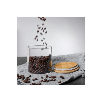 685ml Glass Jar With Wooden lid Round Shape Kitchen Food Storage Glass Jars & Containers with Wooden Lid - for Noodles, Flour, Cereal, Rice, Sugar, Tea, Coffee etc set
