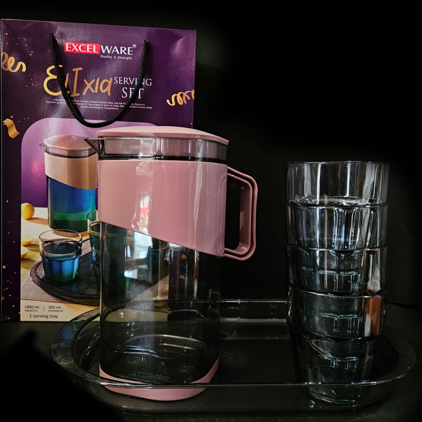 Excel ware Elixia juice jug(1800ml),serving tray&4pcs glass(300ml)set