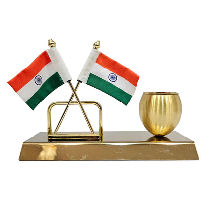 Engraved Desktop Indian Flag With Pen Stand and Viciting Card Holder Independence Day Corporate Gift Item