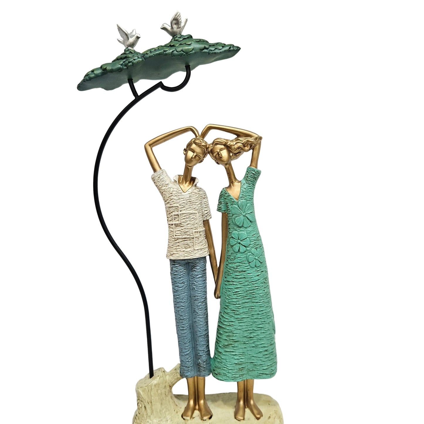 Graceful dancing couple figurine is crafted from resin and features a textured green and white finish Showpiece