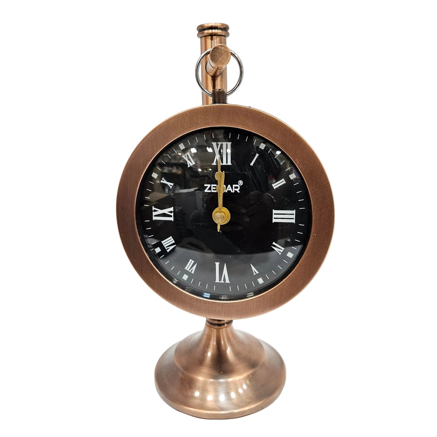 Zegar brand antique-style table clock features a brushed copper finish and a Roman numeral dial table clock
